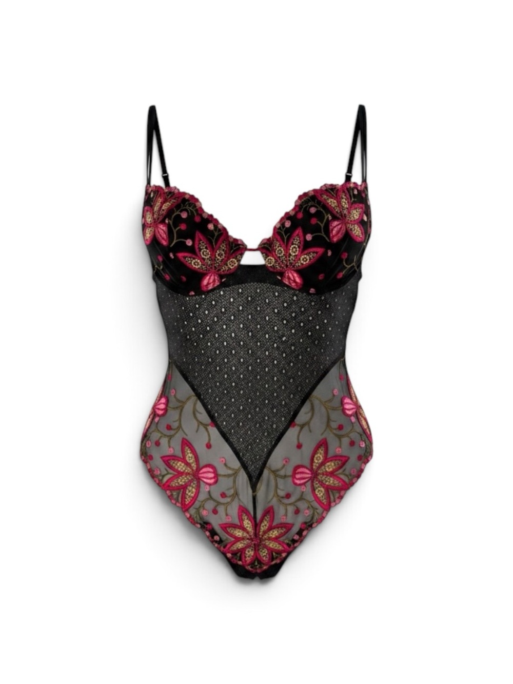 Simone Perele Black & Fuchsia Floral Embroidered Sheer Bodysuit